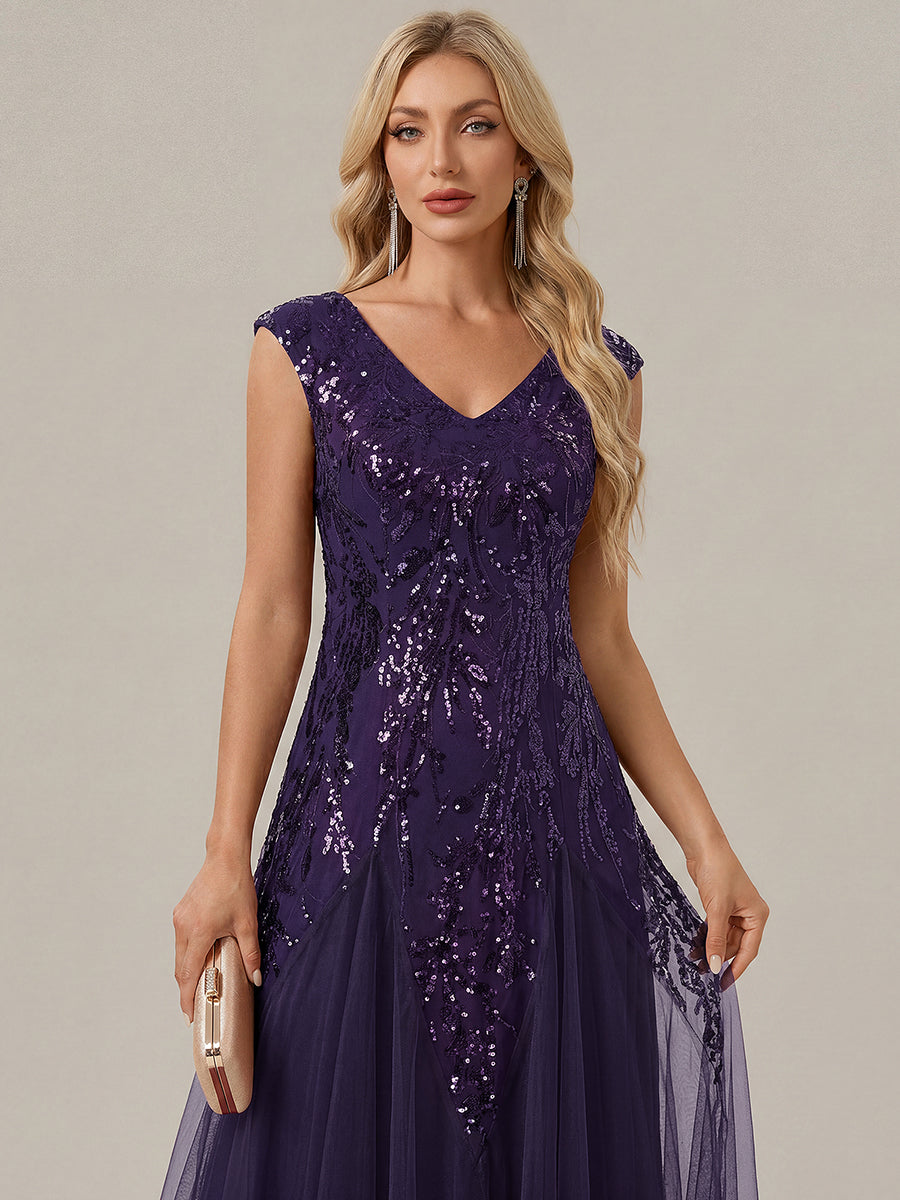 Freya Navy Sequin Embroidered Cap Sleeve Maxi Evening Dress