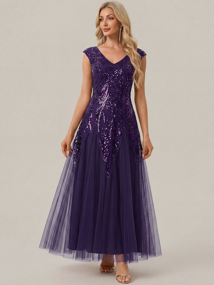 Freya Navy Sequin Embroidered Cap Sleeve Maxi Evening Dress