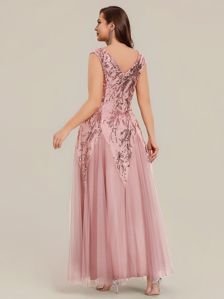 Freya Navy Sequin Embroidered Cap Sleeve Maxi Evening Dress