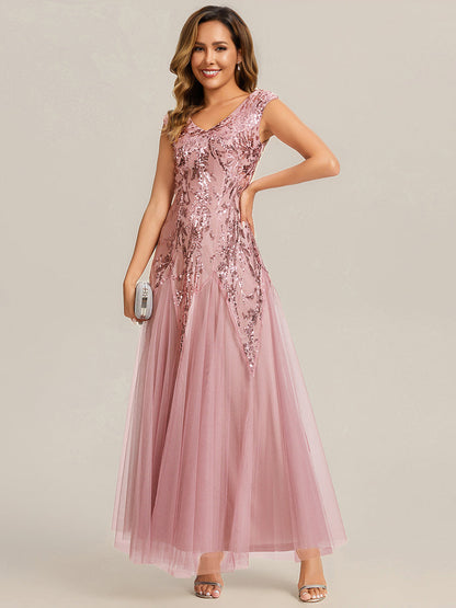 Freya Navy Sequin Embroidered Cap Sleeve Maxi Evening Dress
