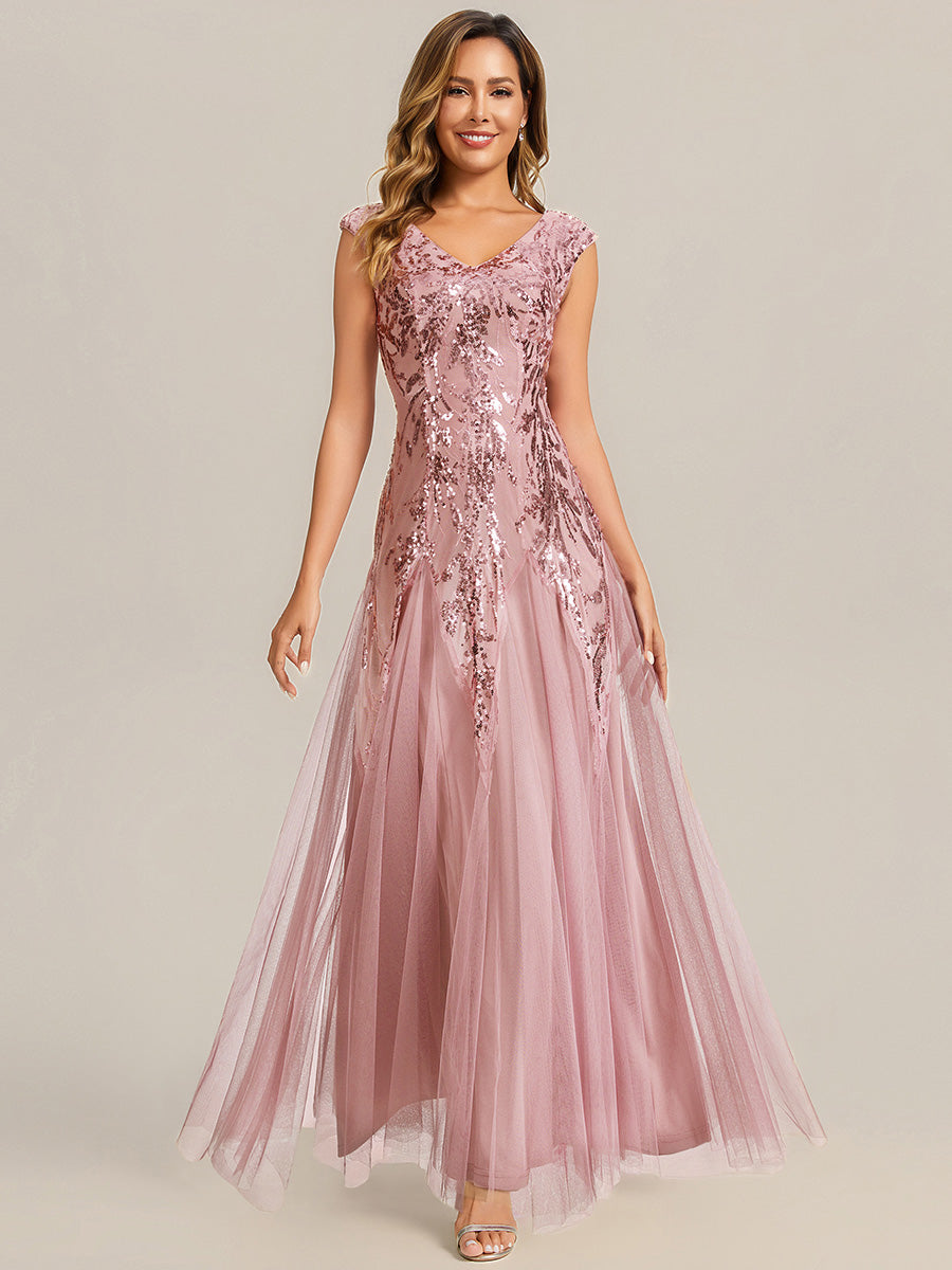 Freya Navy Sequin Embroidered Cap Sleeve Maxi Evening Dress