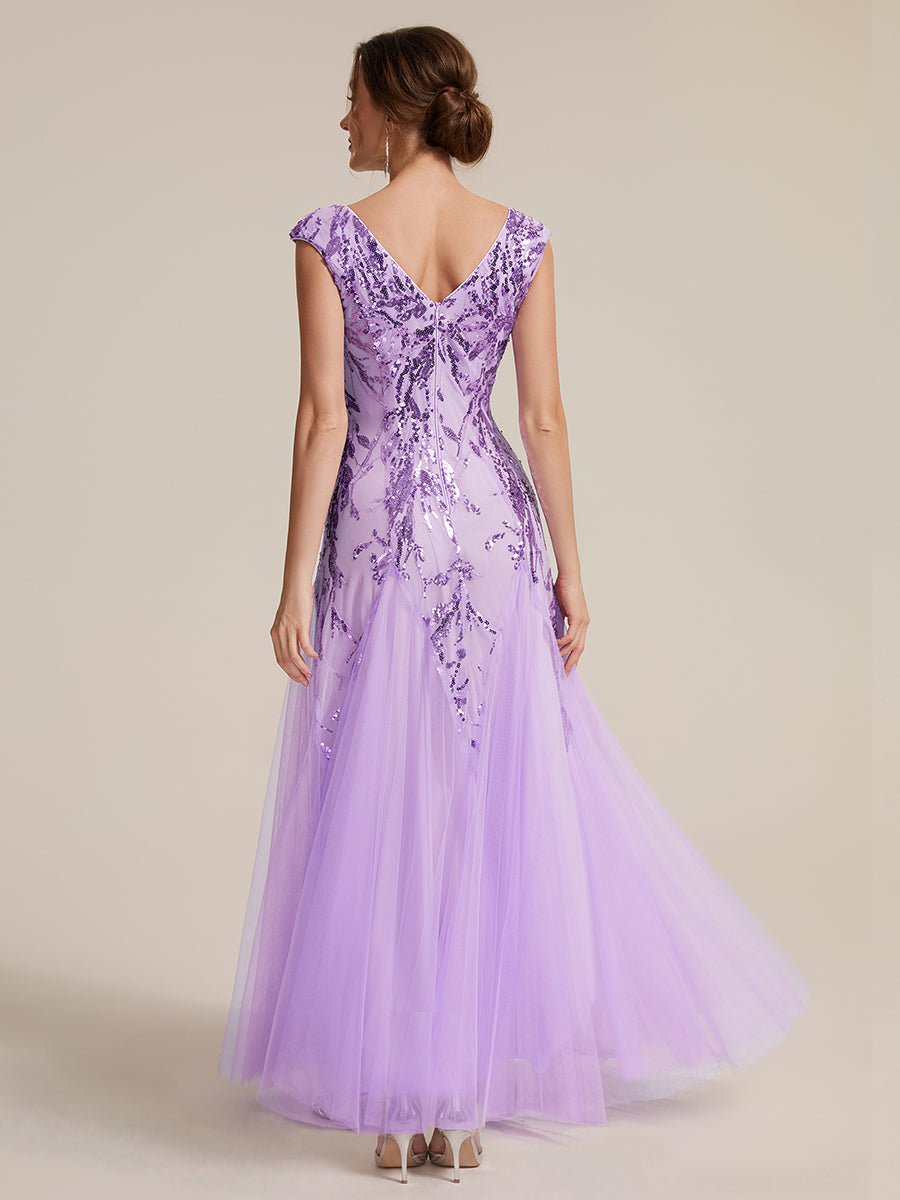 Freya Navy Sequin Embroidered Cap Sleeve Maxi Evening Dress