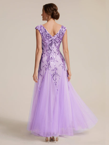 Freya Navy Sequin Embroidered Cap Sleeve Maxi Evening Dress
