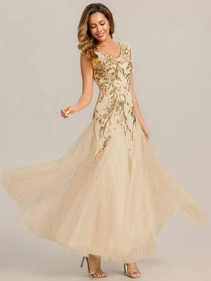 Freya Navy Sequin Embroidered Cap Sleeve Maxi Evening Dress
