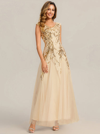 Freya Navy Sequin Embroidered Cap Sleeve Maxi Evening Dress