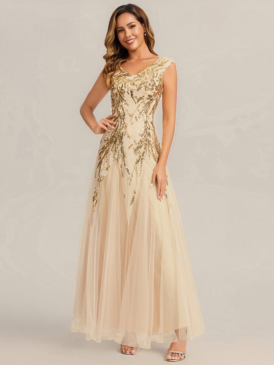 Freya Navy Sequin Embroidered Cap Sleeve Maxi Evening Dress