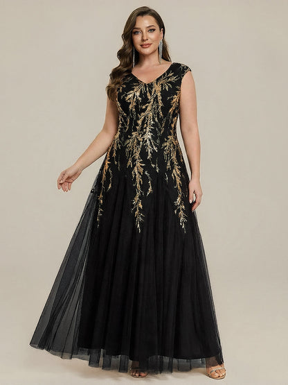 Freya Navy Sequin Embroidered Cap Sleeve Maxi Evening Dress