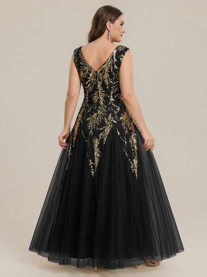 Freya Navy Sequin Embroidered Cap Sleeve Maxi Evening Dress