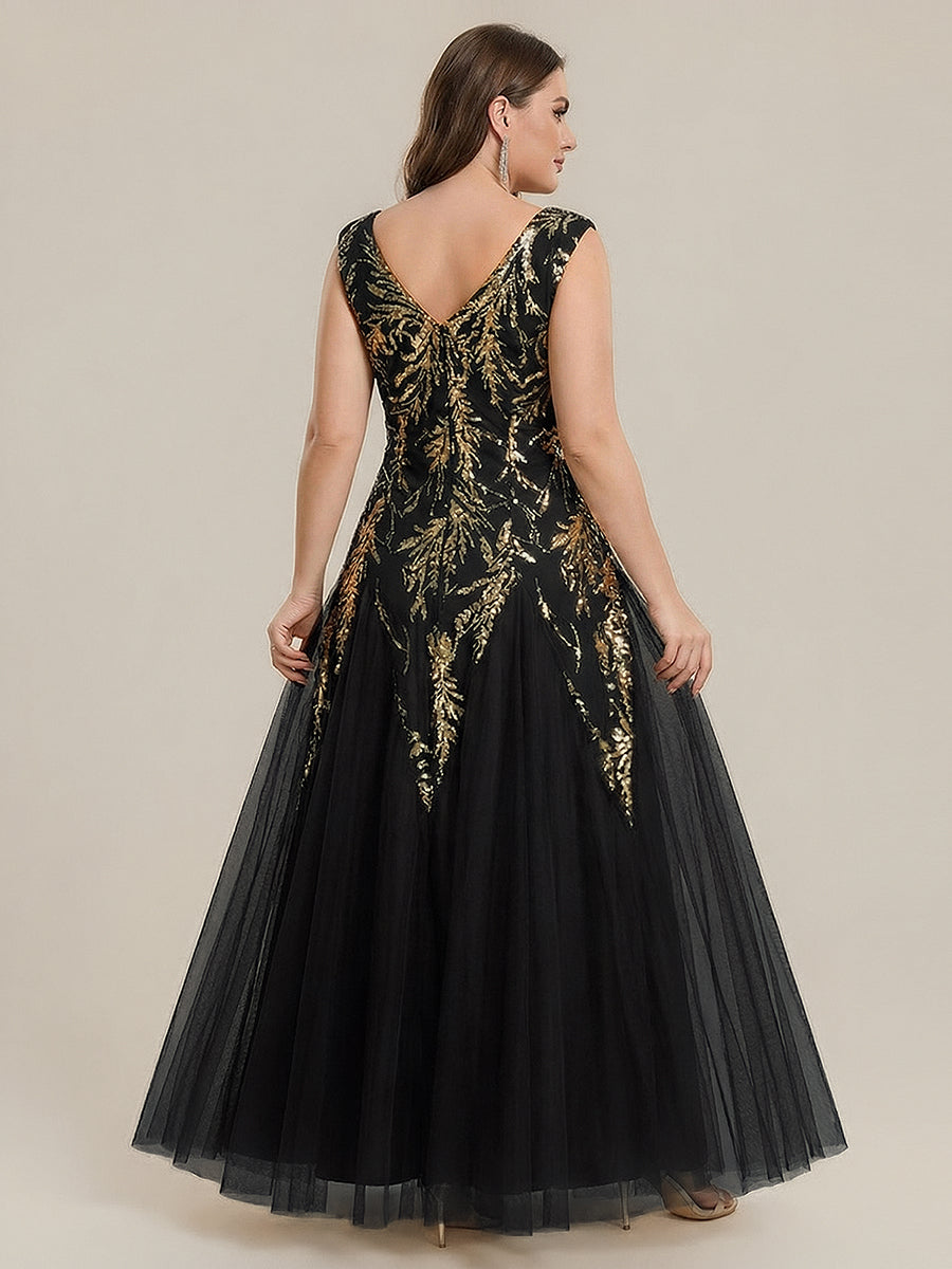 Freya Navy Sequin Embroidered Cap Sleeve Maxi Evening Dress