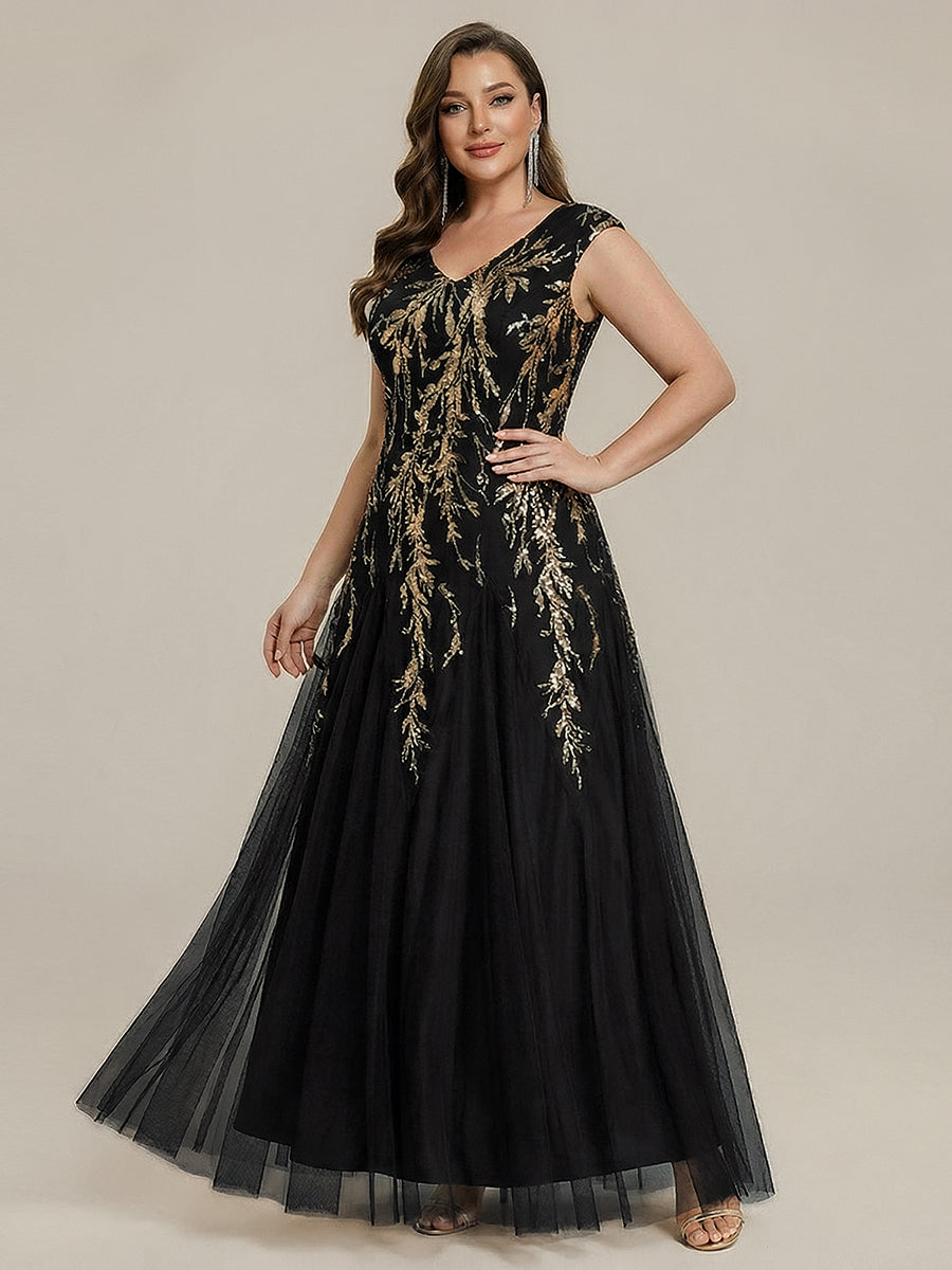 Freya Navy Sequin Embroidered Cap Sleeve Maxi Evening Dress