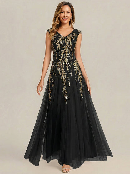 Freya Navy Sequin Embroidered Cap Sleeve Maxi Evening Dress