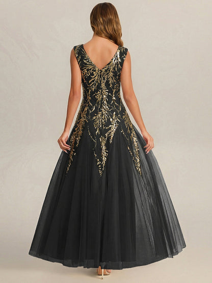 Freya Navy Sequin Embroidered Cap Sleeve Maxi Evening Dress