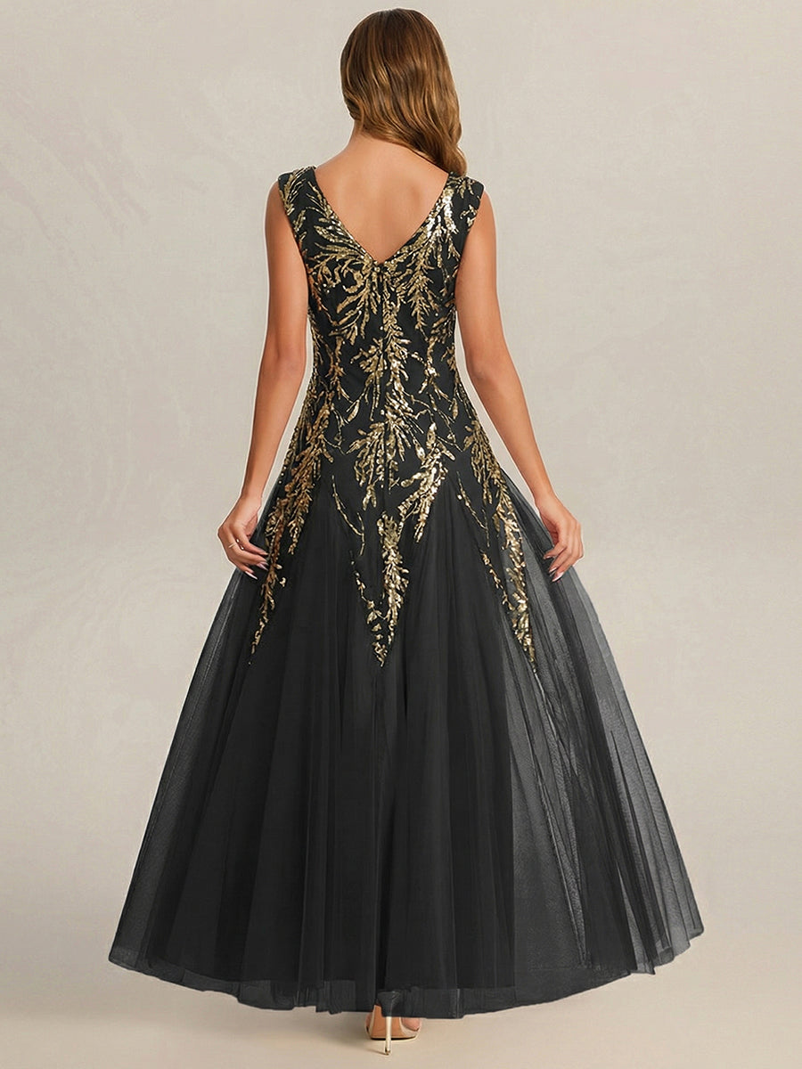 Freya Navy Sequin Embroidered Cap Sleeve Maxi Evening Dress