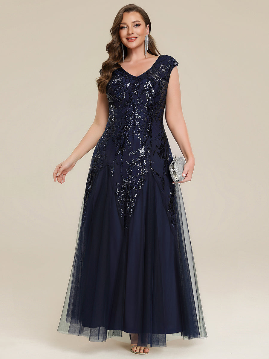 Freya Navy Sequin Embroidered Cap Sleeve Maxi Evening Dress