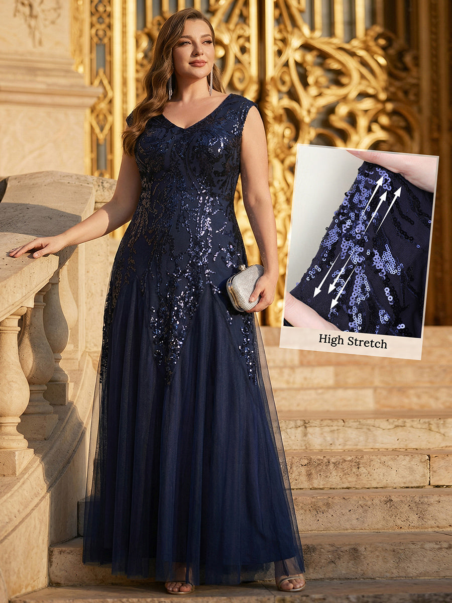 Freya Navy Sequin Embroidered Cap Sleeve Maxi Evening Dress