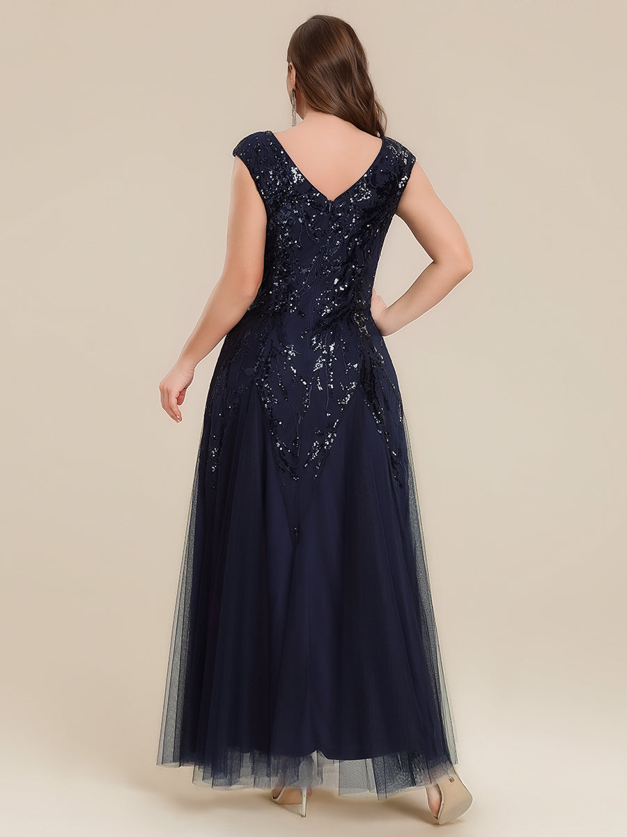 Freya Navy Sequin Embroidered Cap Sleeve Maxi Evening Dress