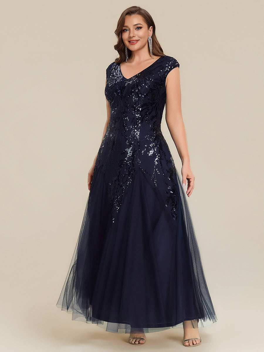 Freya Navy Sequin Embroidered Cap Sleeve Maxi Evening Dress