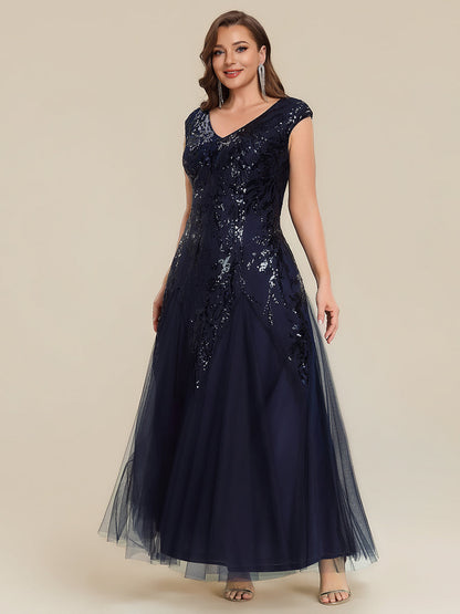 Freya Navy Sequin Embroidered Cap Sleeve Maxi Evening Dress