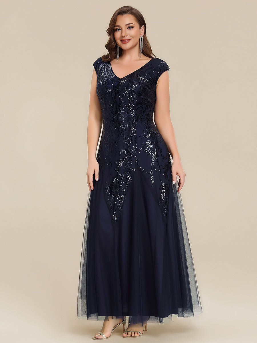 Freya Navy Sequin Embroidered Cap Sleeve Maxi Evening Dress