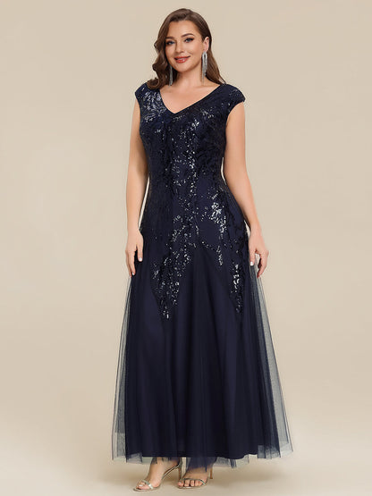 Freya Navy Sequin Embroidered Cap Sleeve Maxi Evening Dress