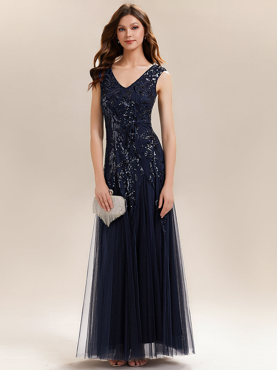 Freya Navy Sequin Embroidered Cap Sleeve Maxi Evening Dress