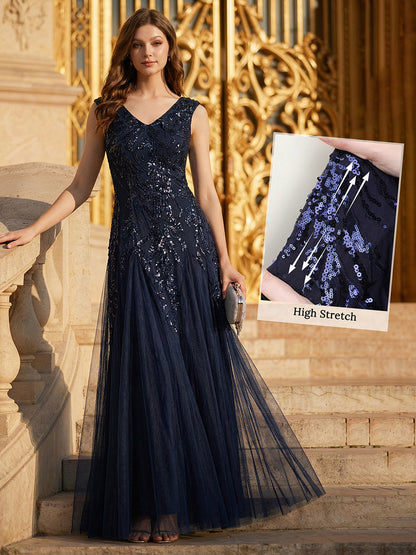 Freya Navy Sequin Embroidered Cap Sleeve Maxi Evening Dress