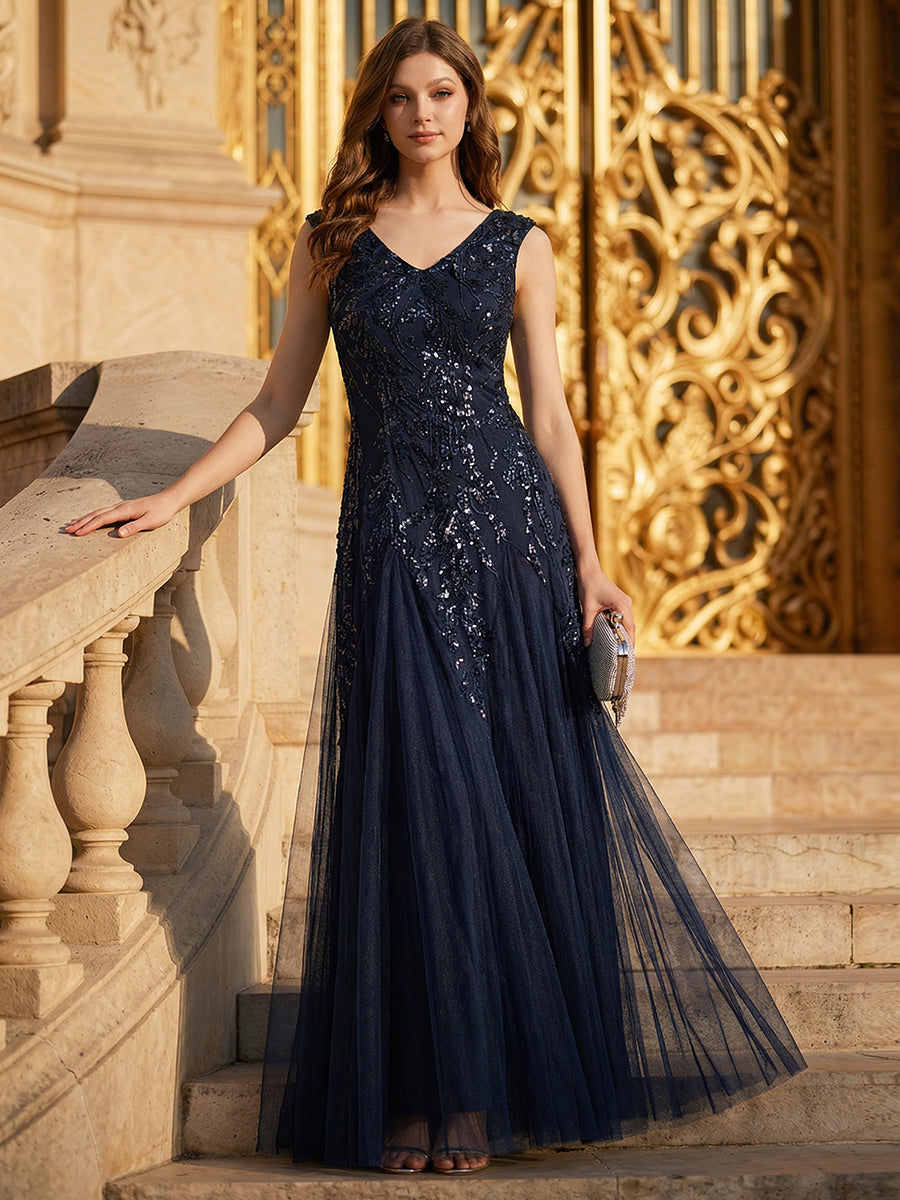 Freya Navy Sequin Embroidered Cap Sleeve Maxi Evening Dress