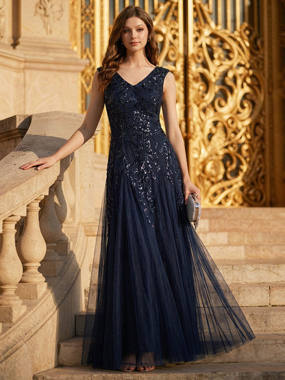 Freya Navy Sequin Embroidered Cap Sleeve Maxi Evening Dress