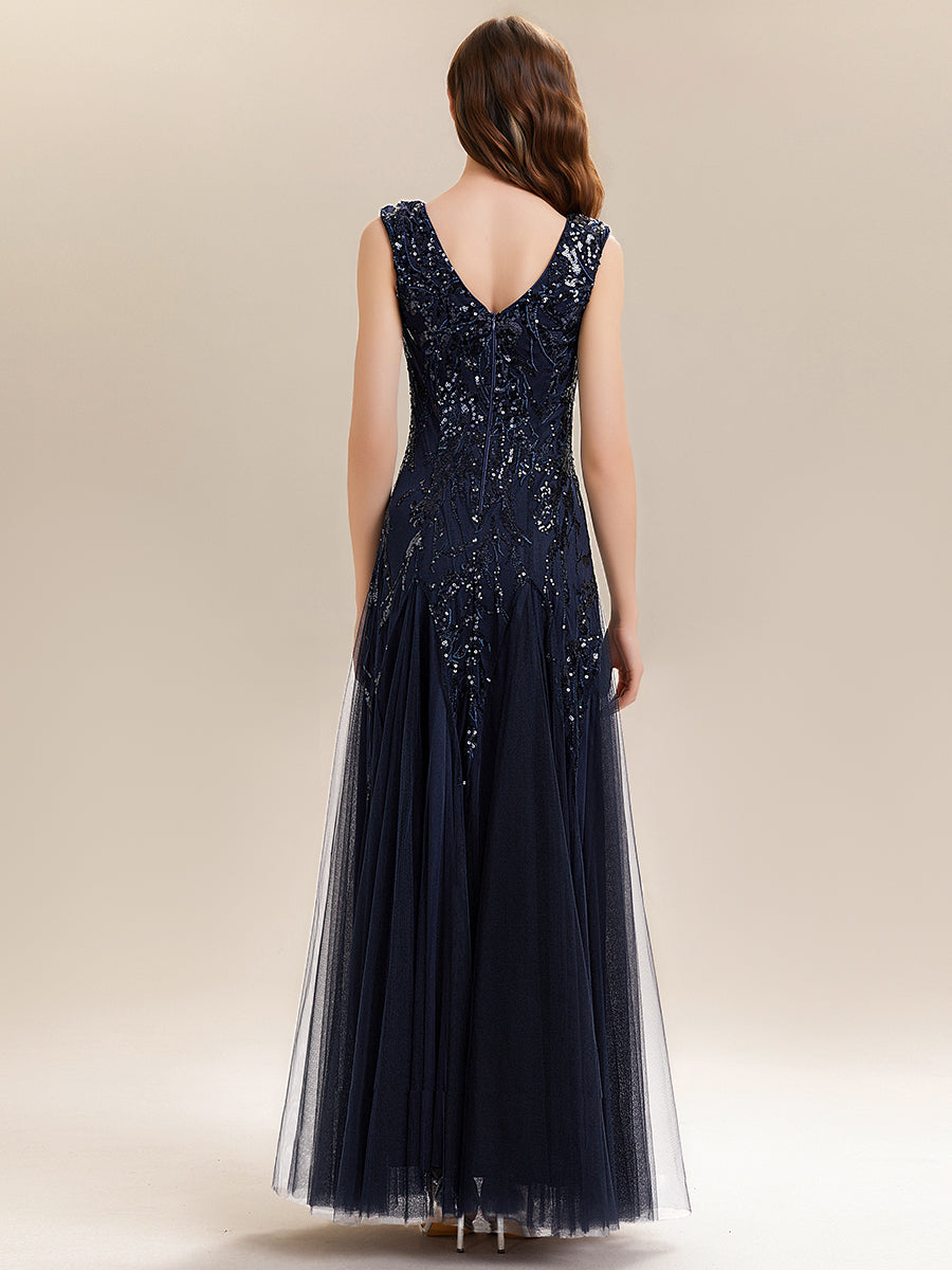 Freya Navy Sequin Embroidered Cap Sleeve Maxi Evening Dress