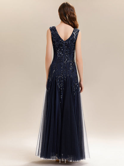 Freya Navy Sequin Embroidered Cap Sleeve Maxi Evening Dress