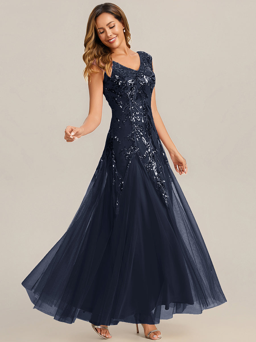 Freya Navy Sequin Embroidered Cap Sleeve Maxi Evening Dress