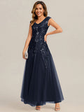 Freya Navy Sequin Embroidered Cap Sleeve Maxi Evening Dress