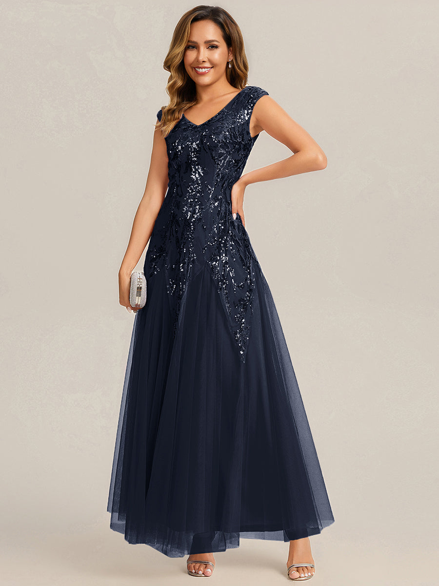 Freya Navy Sequin Embroidered Cap Sleeve Maxi Evening Dress