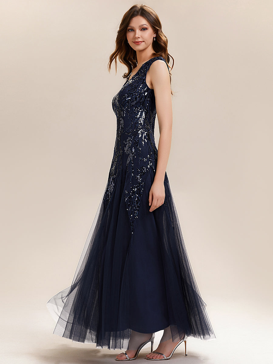 Freya Navy Sequin Embroidered Cap Sleeve Maxi Evening Dress