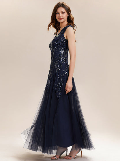 Freya Navy Sequin Embroidered Cap Sleeve Maxi Evening Dress