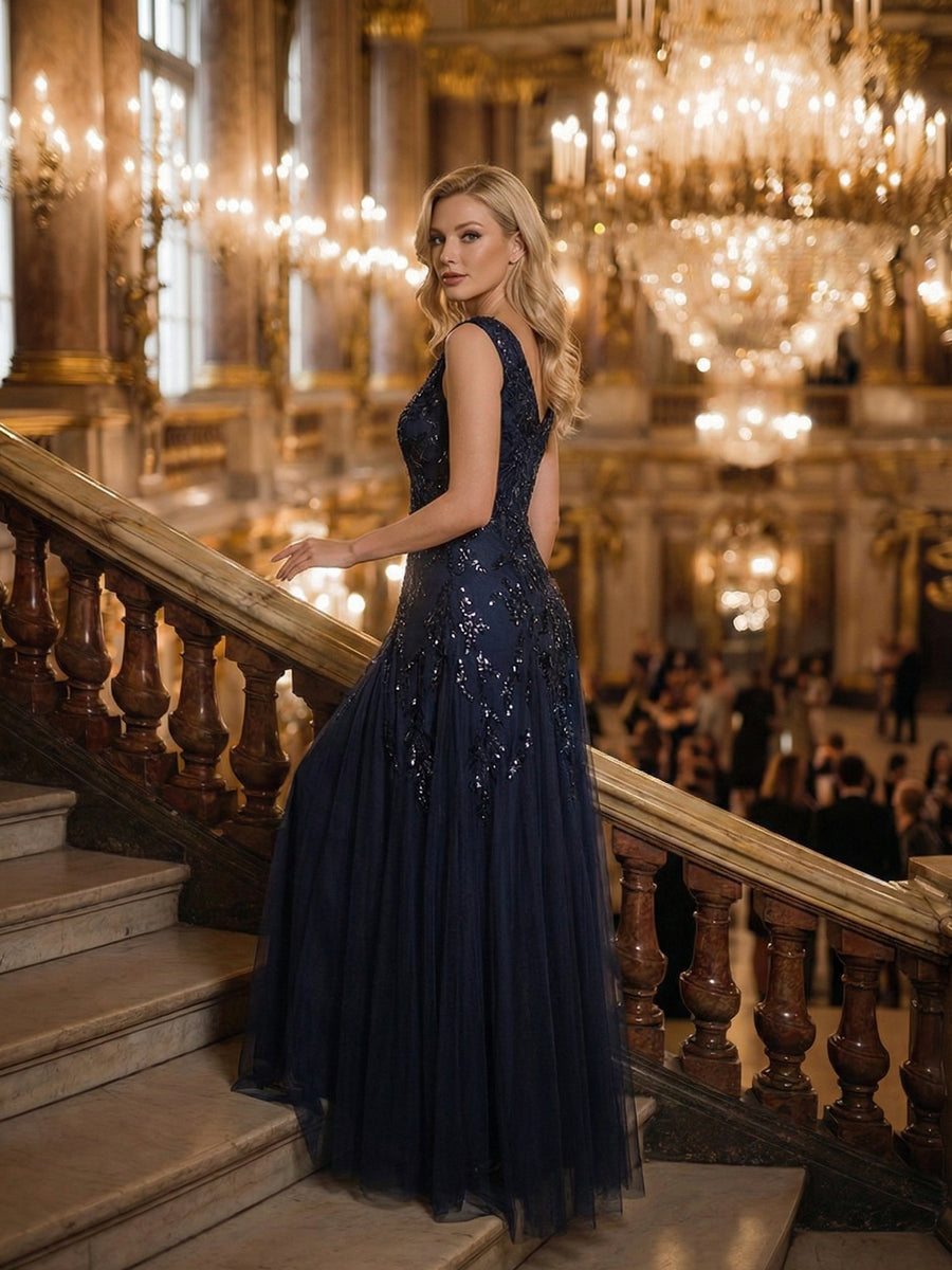 Freya Navy Sequin Embroidered Cap Sleeve Maxi Evening Dress