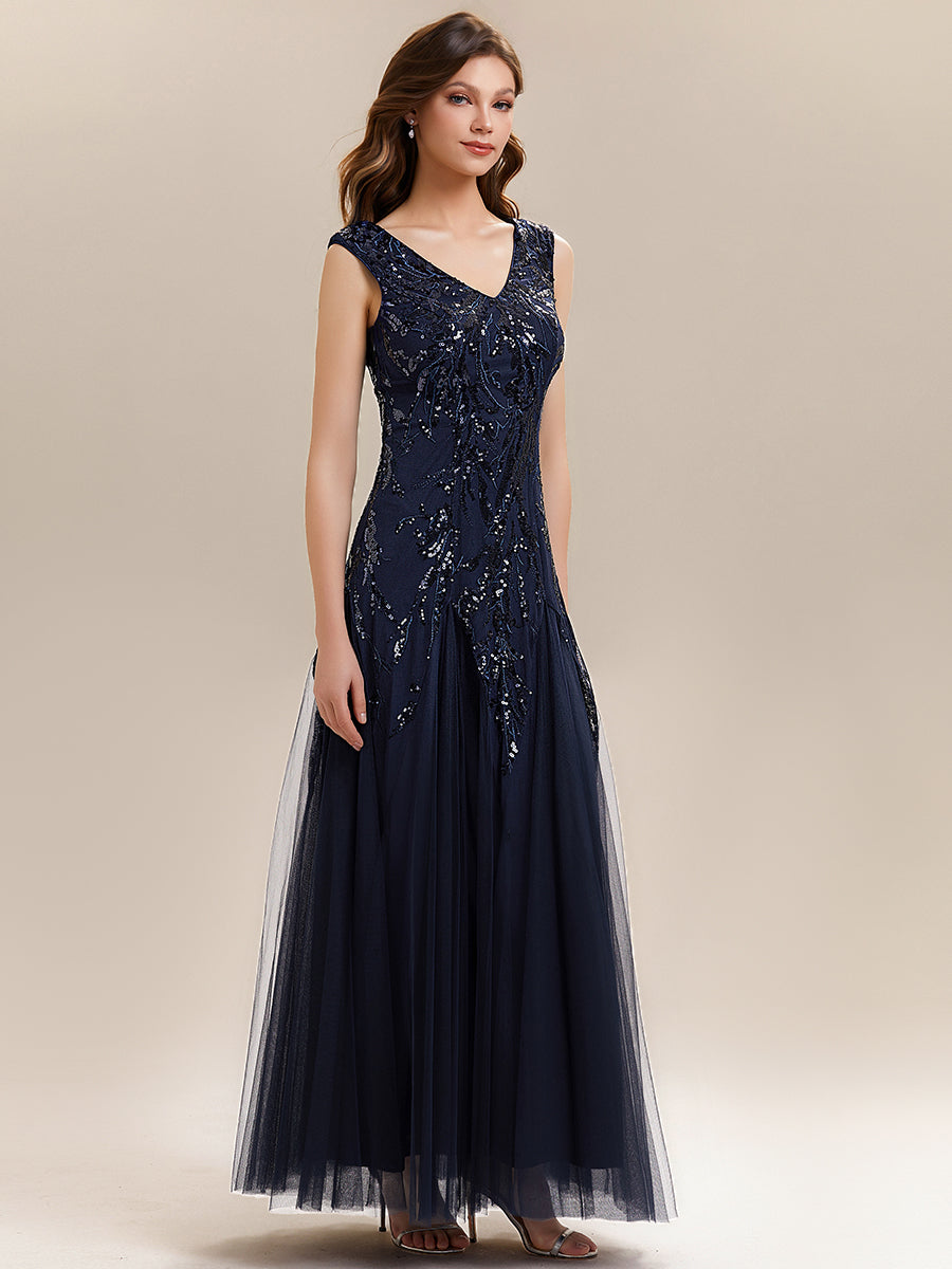 Freya Navy Sequin Embroidered Cap Sleeve Maxi Evening Dress