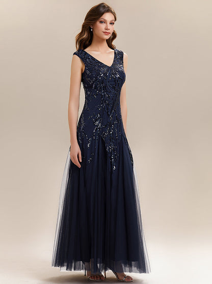 Freya Navy Sequin Embroidered Cap Sleeve Maxi Evening Dress