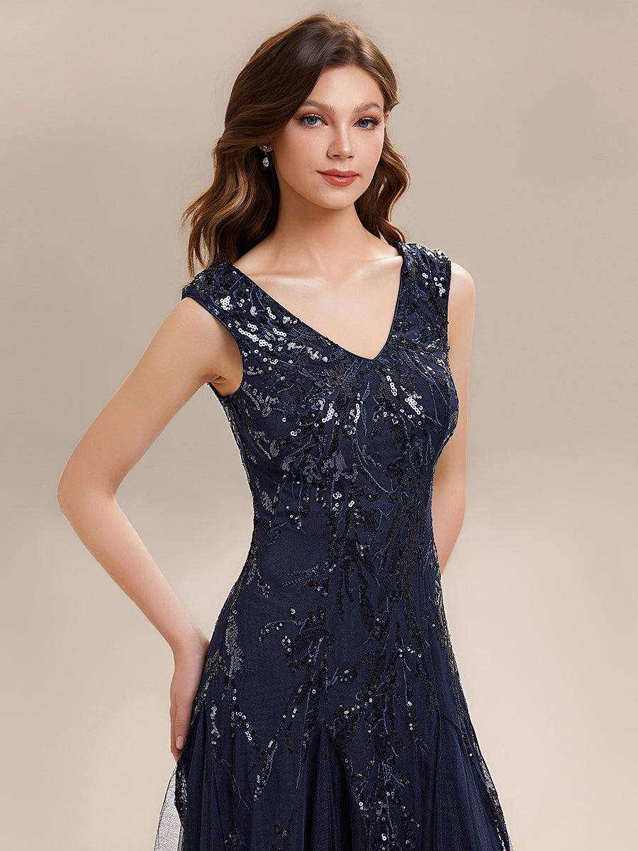 Freya Navy Sequin Embroidered Cap Sleeve Maxi Evening Dress