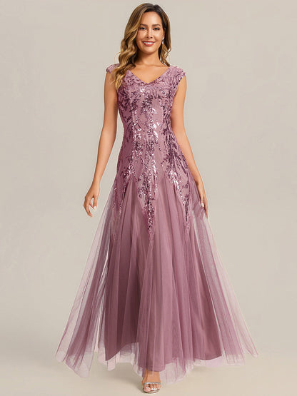 Freya Navy Sequin Embroidered Cap Sleeve Maxi Evening Dress