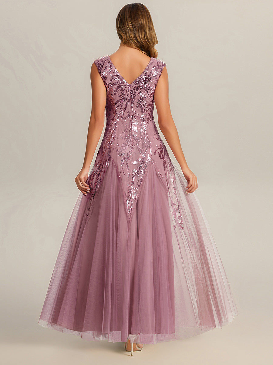 Freya Navy Sequin Embroidered Cap Sleeve Maxi Evening Dress