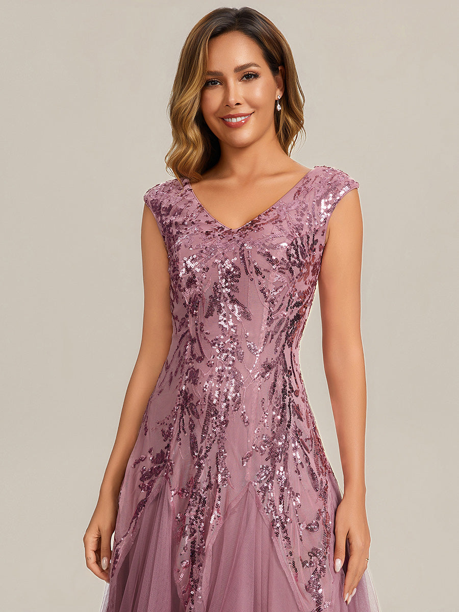 Freya Navy Sequin Embroidered Cap Sleeve Maxi Evening Dress