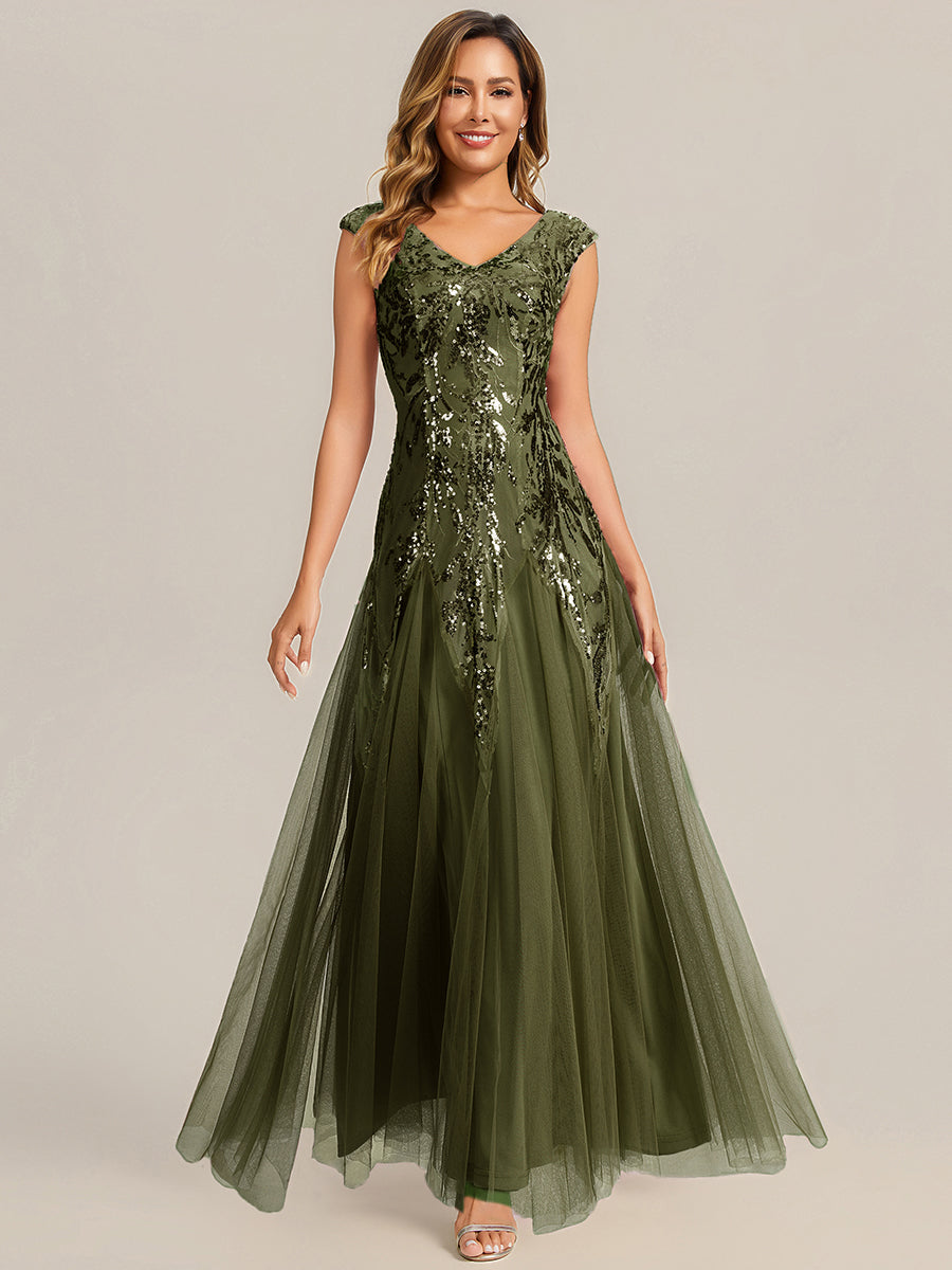 Freya Navy Sequin Embroidered Cap Sleeve Maxi Evening Dress