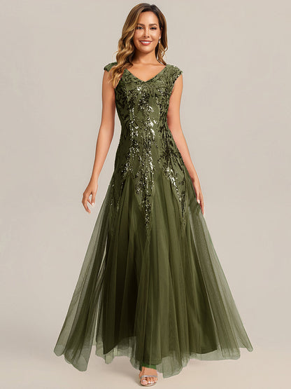 Freya Navy Sequin Embroidered Cap Sleeve Maxi Evening Dress