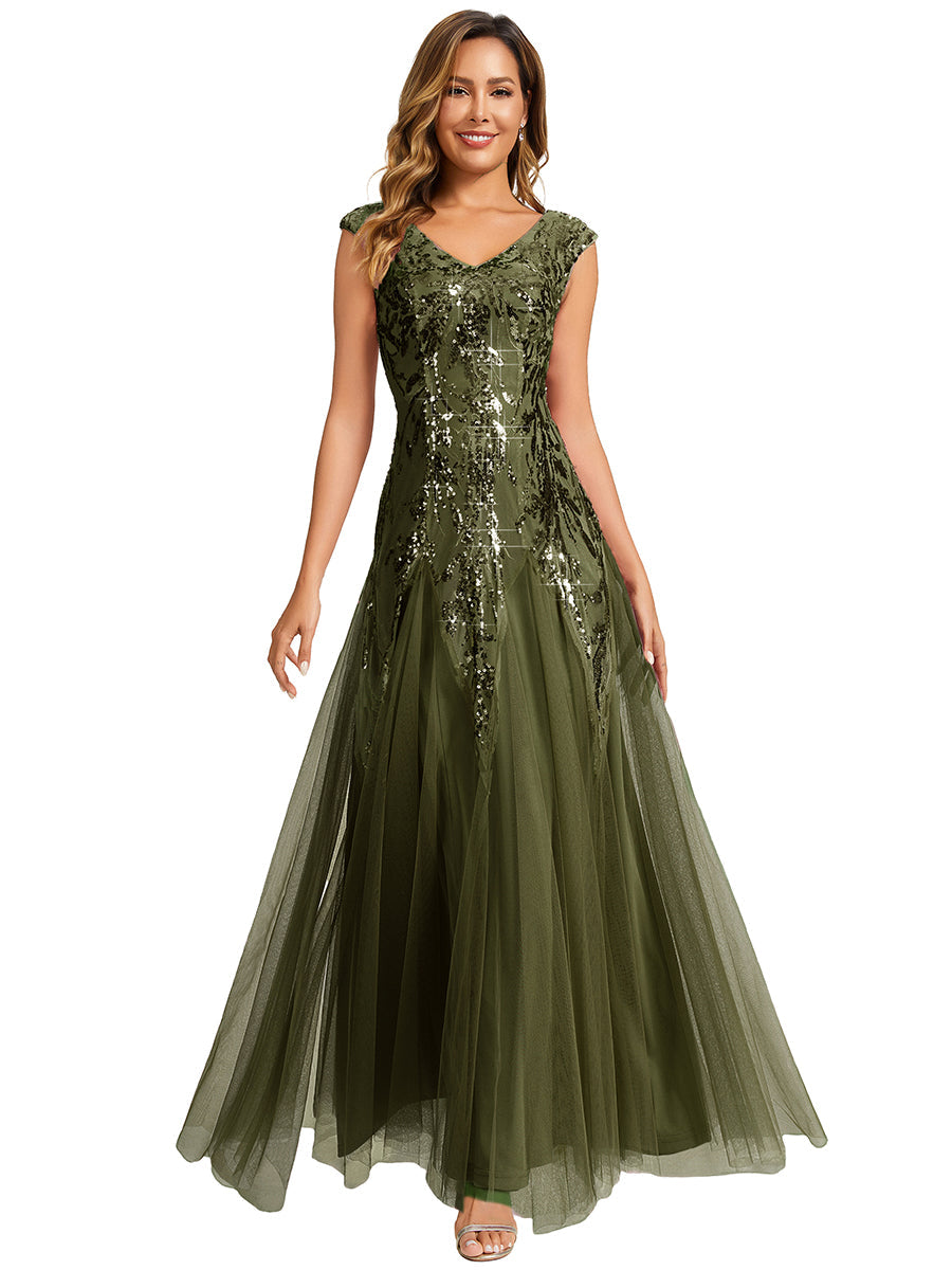 Freya Navy Sequin Embroidered Cap Sleeve Maxi Evening Dress