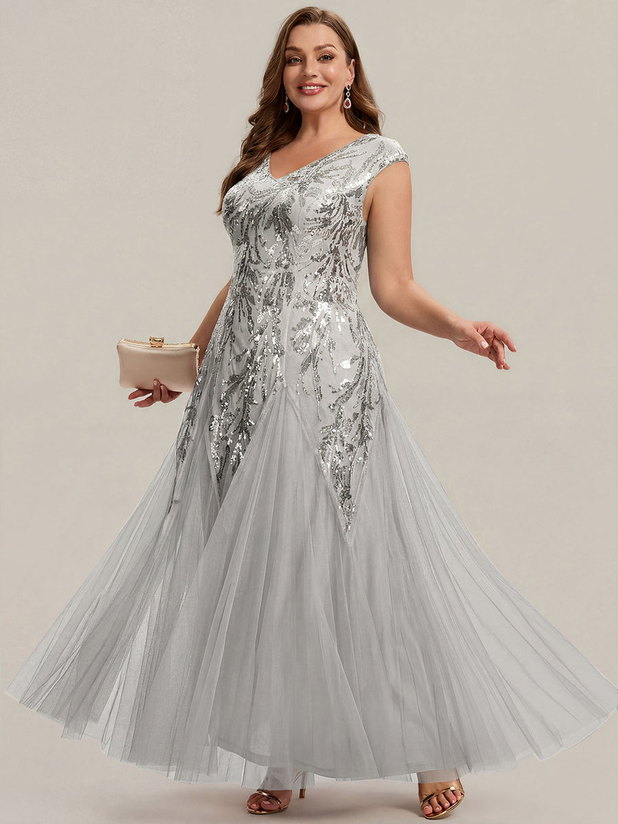 Freya Navy Sequin Embroidered Cap Sleeve Maxi Evening Dress