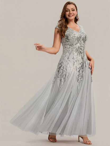 Freya Navy Sequin Embroidered Cap Sleeve Maxi Evening Dress