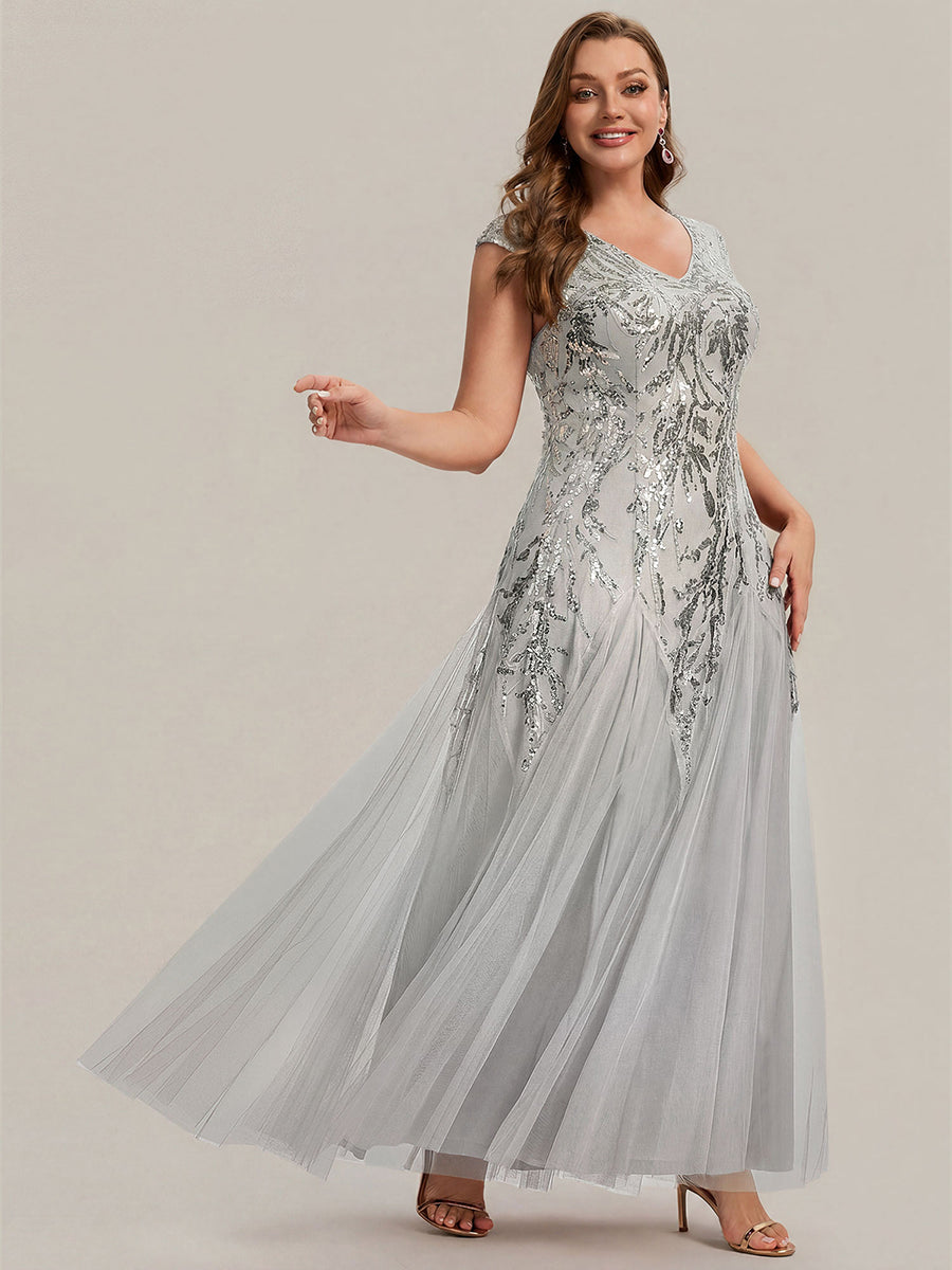 Freya Navy Sequin Embroidered Cap Sleeve Maxi Evening Dress