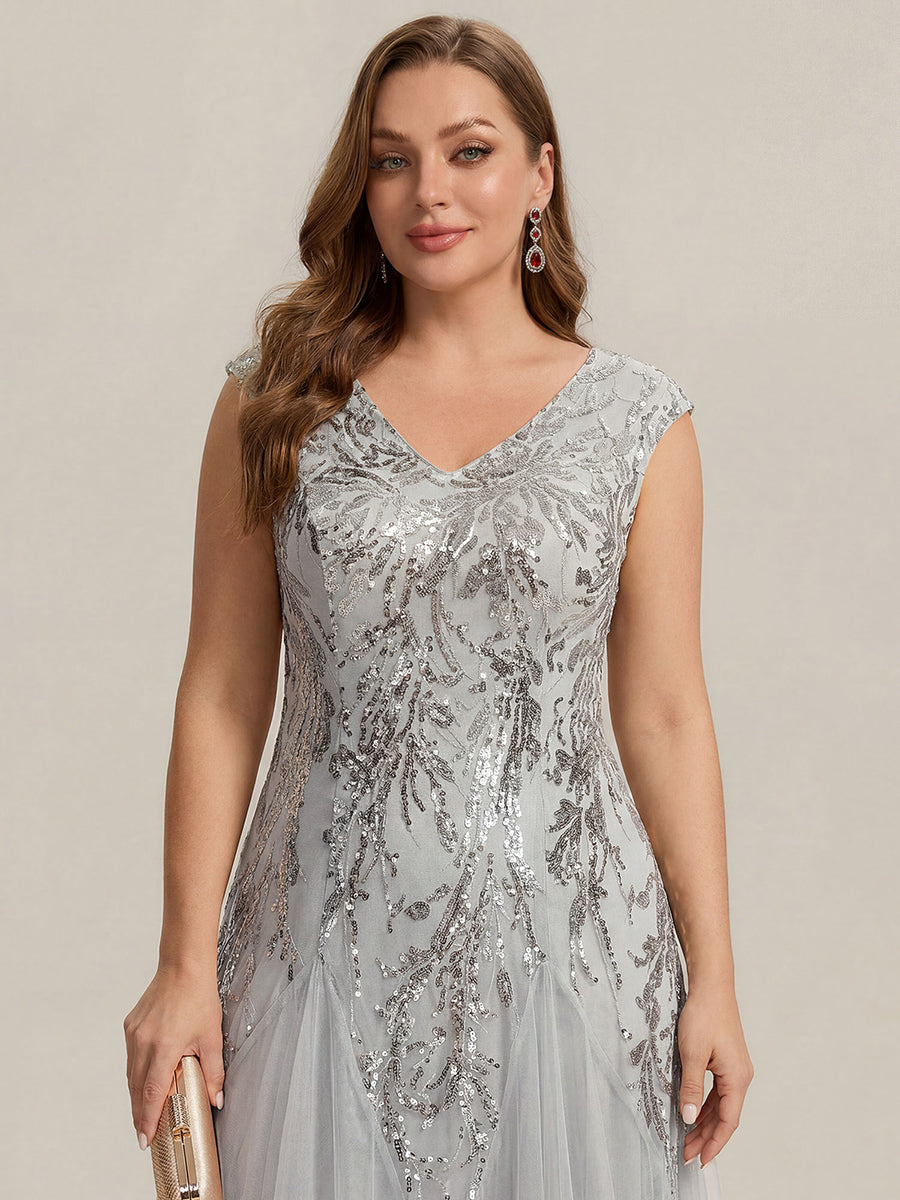 Freya Navy Sequin Embroidered Cap Sleeve Maxi Evening Dress