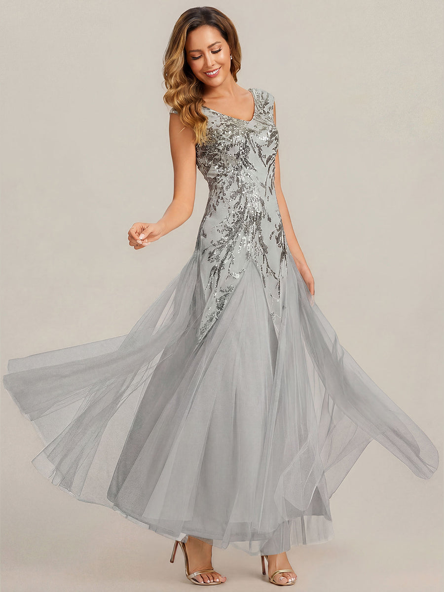 Freya Navy Sequin Embroidered Cap Sleeve Maxi Evening Dress